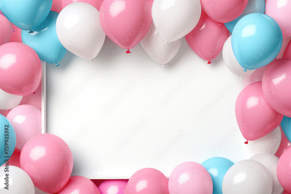 Pastel blue,white and pink balloons around a white empty frame. Birthday, mothers Day or party mockup for planning. Copy space for text. Festive greeting card.Top view flat lay