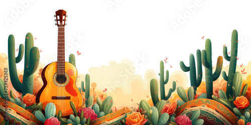 Mexican Cinco de Mayo holiday background withguitar, cactus, Mexican hat, flowers on a white background. Banner, flyer, template, poster with empty space for text. photo