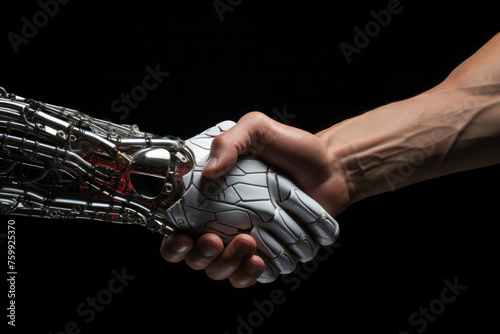 Handshake between robot and human on black background. Concept of technology development, artificial intelligence, partnership, cooperation © syhin_stas