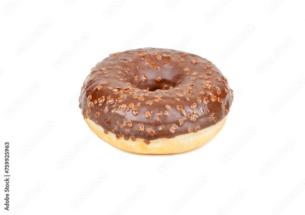 Beautiful donut with chocolate icing isolated on white background Beautiful donut with chocolate icing isolated on white background