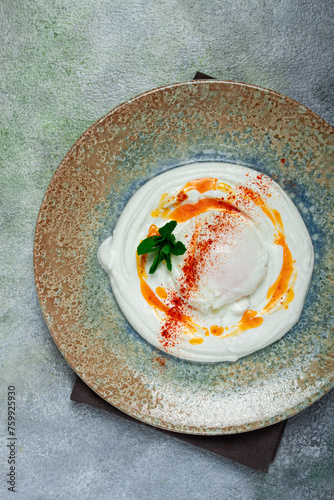 cilbir traditional Turkish breakfast, Turkish eggs with yogurt and butter, homemade, no people, photo