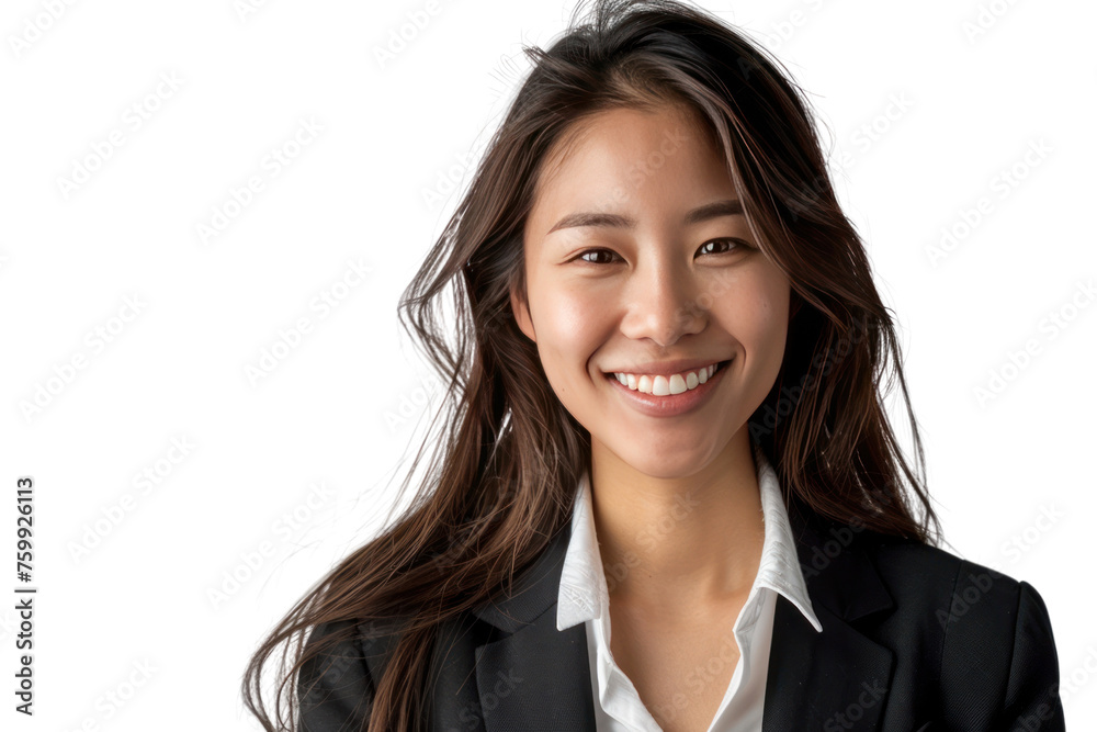 Confident brunette businesswoman in suit smiling isolated on transparent background.