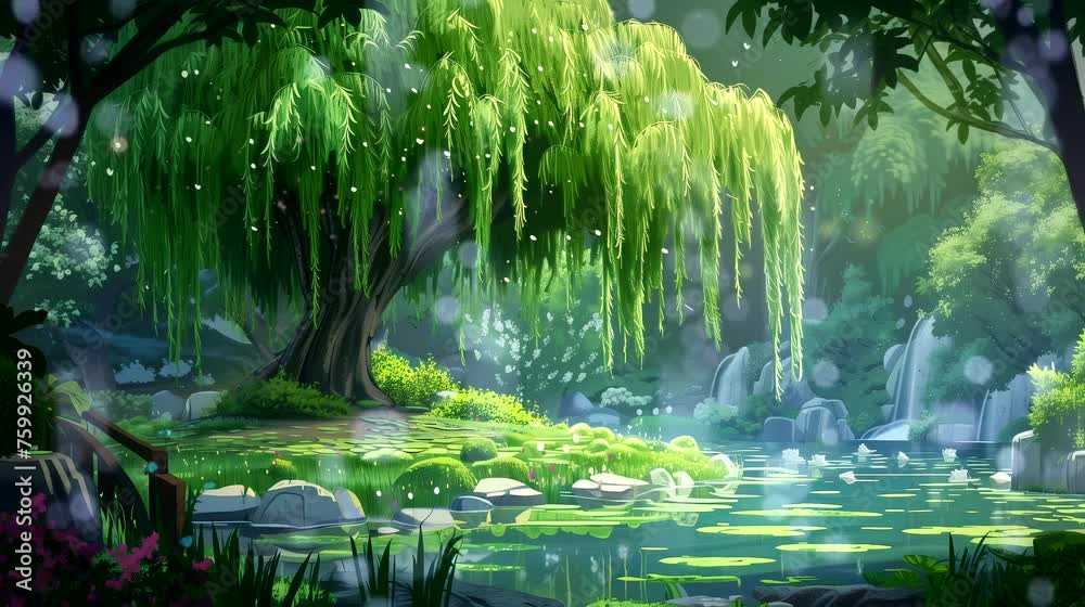 Magical garden pool and the weeping willows tree. Fantasy landscape anime or cartoon style, looping 4k video animation background Magical garden pool and the weeping willows tree. Fantasy landscape anime or cartoon style, looping 4k video animation background