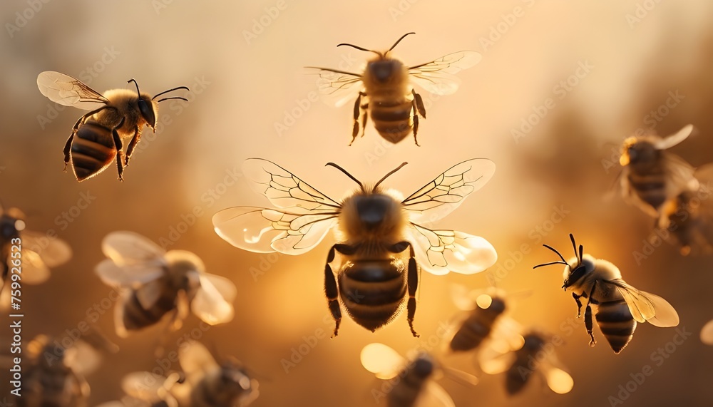 Golden Hour Harmony: Honeybees Returning to Their Hive at Sunset - obrazy, fototapety, plakaty 