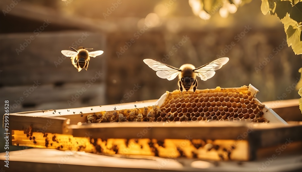 Morning Rituals: Busy Bees at Their Hive in the Soft Dawn Glow - obrazy, fototapety, plakaty 