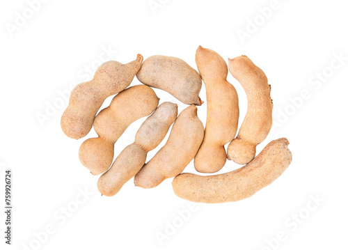 Several tamarind fruits in shell on white background, top view