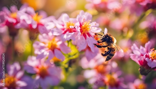 Serenity in the Garden: Bees Collecting Nectar from Vibrant Flowers © holdstillandclick