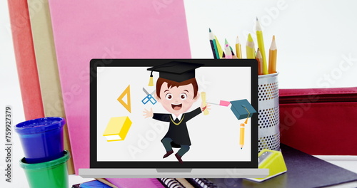 Image of excited schoolboy and stationery moving on tablet screen over coloured pencils on desk