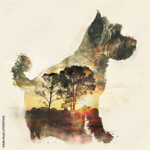 Double Exposure of West Highland White Terrier Silhouette and Watercolor Park Scene Gen AI photo