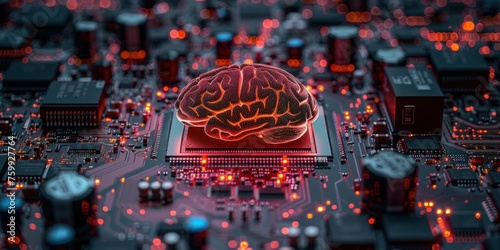 Highlighting AI progress, a model of a human brain is placed on a potent computer processor