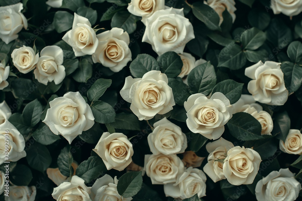 Textured background of white beautiful and delicate roses with green leaves Textured background of white beautiful and delicate roses with green leaves