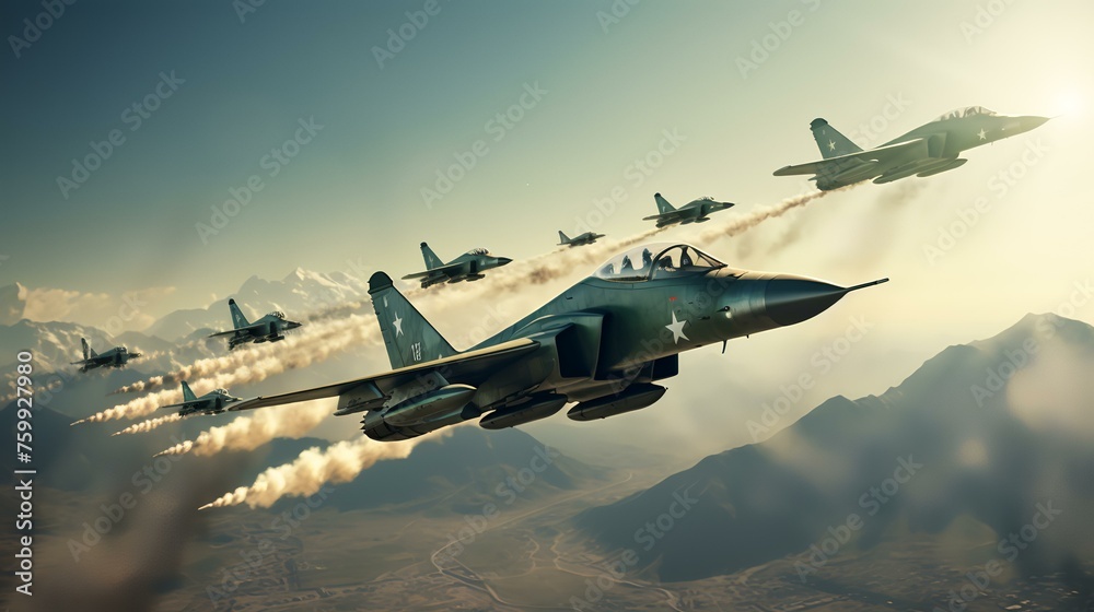 Fighter jet fighter aircraft flying in the sky. 3d rendering - obrazy, fototapety, plakaty 