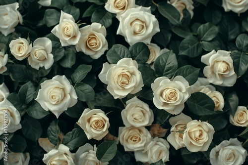 Textured background of white beautiful and delicate roses with green leaves