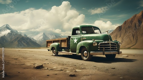 Old truck in the desert. 3d rendering. Computer digital drawing. photo