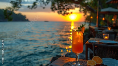 A glass with an orange cocktail and a slice of orange near the water against the backdrop of sunset over the sea. Concept: summer vacation, advertising of resorts and spas, restaurant menu of alcohol 