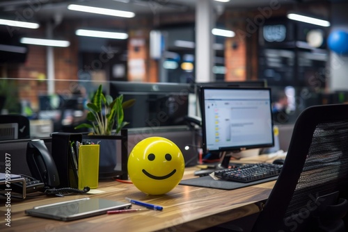 Positivity in the workplace demonstrated by a yellow smiling ball in the office interior, promoting a positive work environment and inspiring corporate culture.
