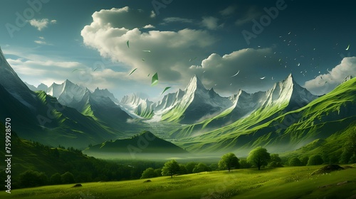 Fantasy landscape with mountains and green meadow. 3d rendering