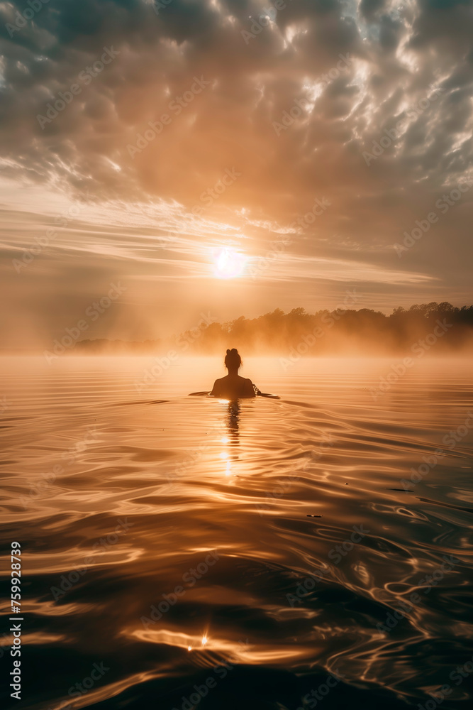 Embracing stillness on the water, a solitary figure swims through a serene lake, bathed in the gentle light of dawn, embodying mindfulness and the art of presence