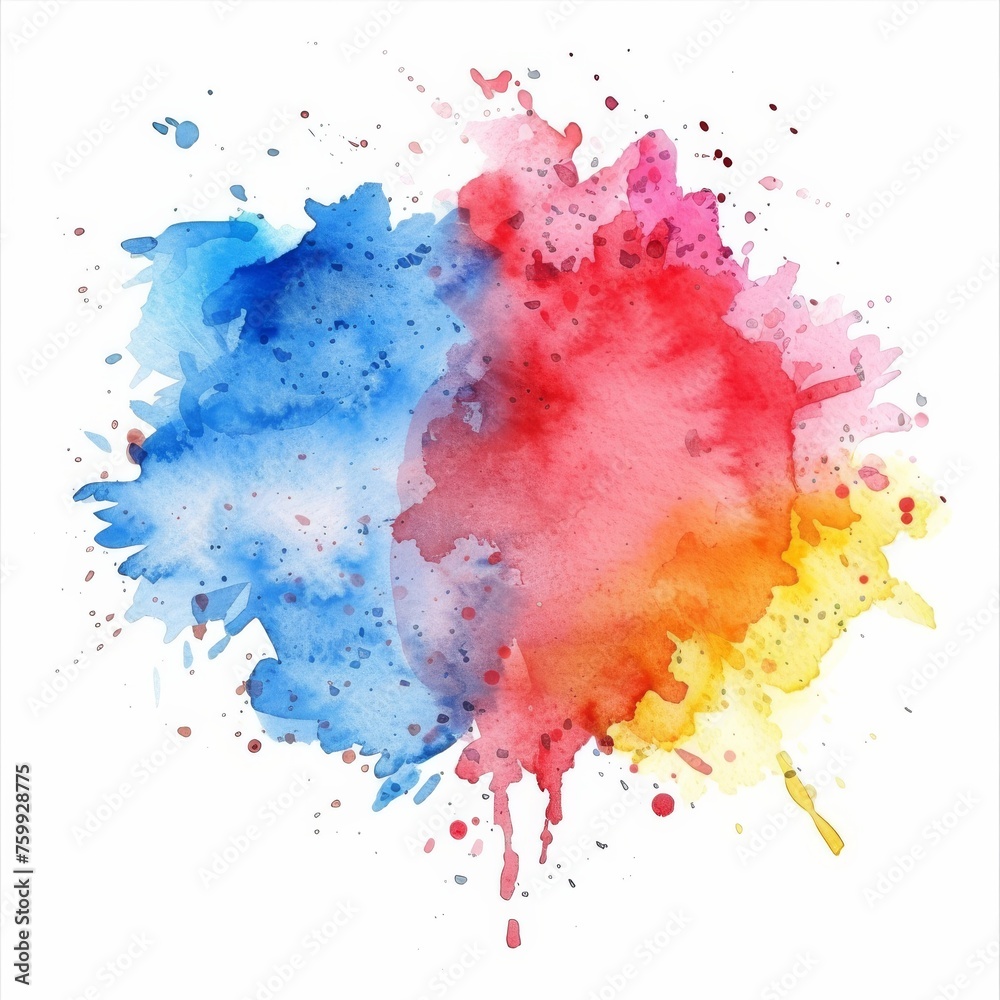 A burst of vibrant watercolor splashes dances across the canvas in a kaleidoscope of colors, forming a mesmerizing rainbow spectrum against a pristine white backdrop