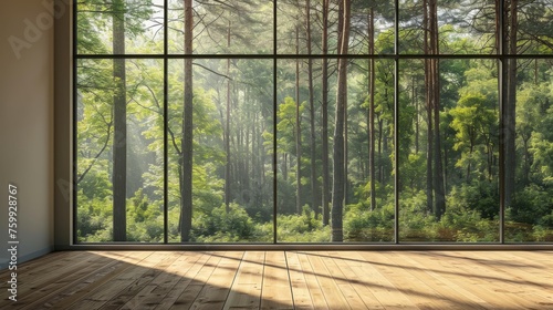 Empty room with large window overlooking the forest