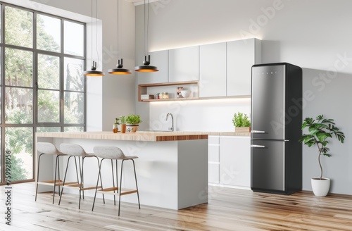 Minimalist interior of a modern kitchen with an island, white walls and a light wooden floor, a large window on the left side photo