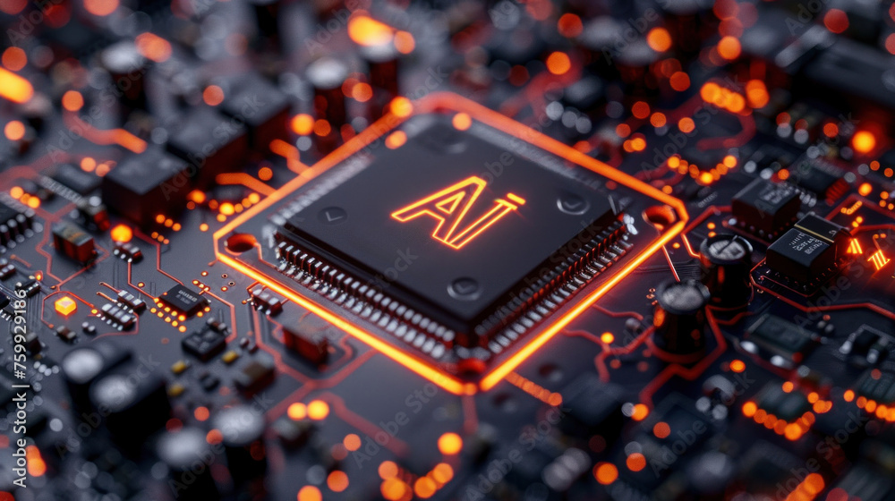 Vivid AI logo glows atop intricate computer motherboard, symbolizing technological advancement