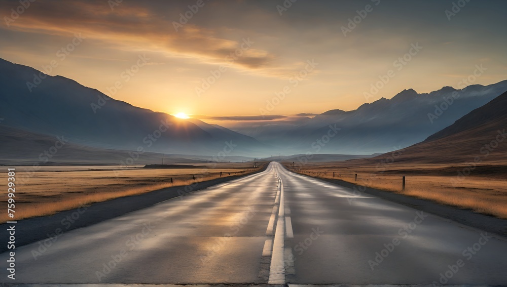 a broken road in the countryside with a mountain landscape at sunset.