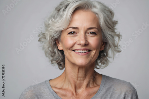 Bezauberndes Lächeln einer reifen Frau mit elegantem grauen Haar