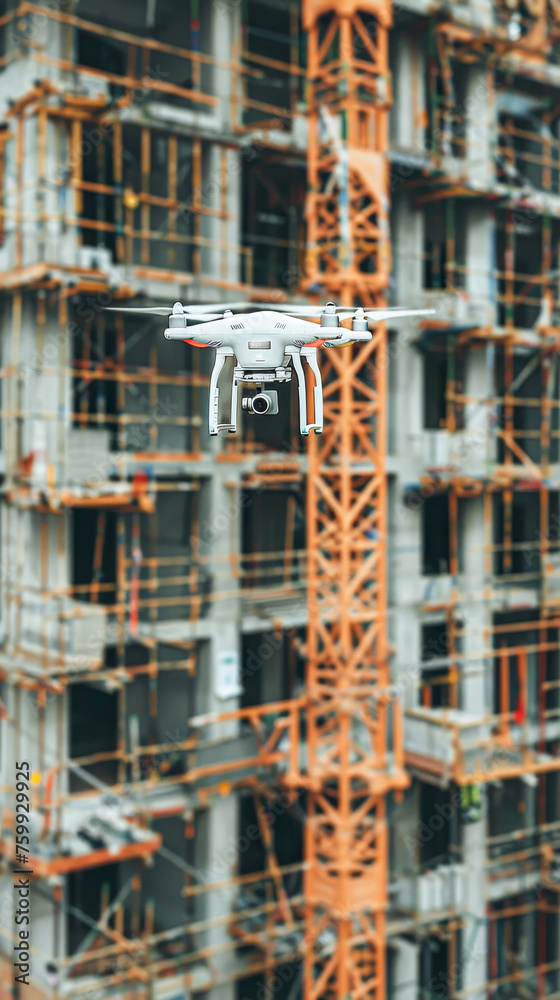 A white drone is flying over a construction site. The drone is taking a picture of the building