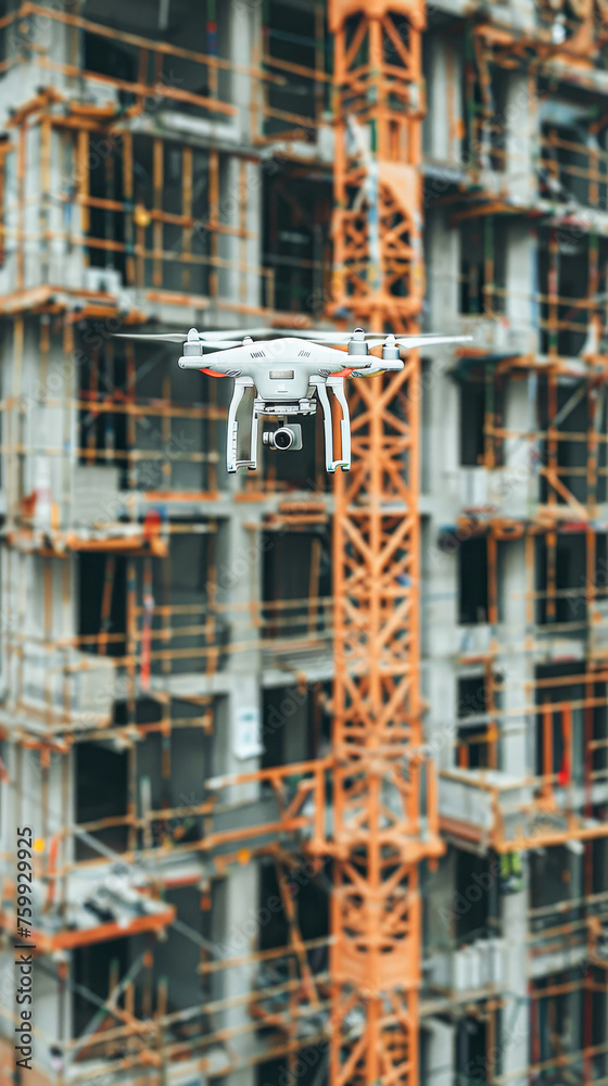 A white drone is flying over a construction site. The drone is taking a picture of the building A white drone is flying over a construction site. The drone is taking a picture of the building