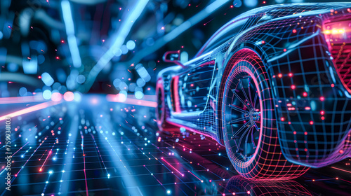 A futuristic car is driving down a road with a bright blue background. The car is surrounded by a web of lights, giving it a futuristic and sleek appearance. Scene is one of excitement and innovation