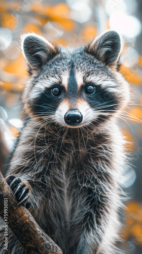A raccoon is standing on a branch and looking at the camera. The image has a warm and friendly mood, as the raccoon appears to be curious and interested in the viewer