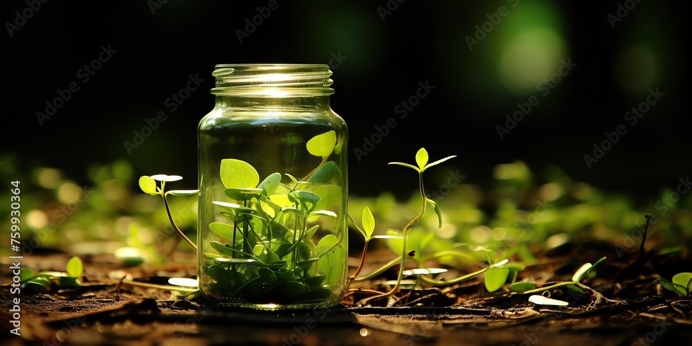 Green plant sprouts growing inside a glass jar in a natural, sunlit environment Green plant sprouts growing inside a glass jar in a natural, sunlit environment