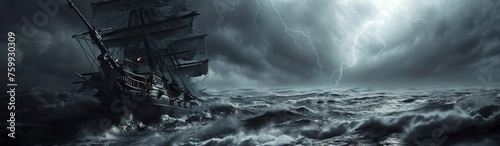 18th 19th 20th Century Man of War Ship, hurricane storm photo