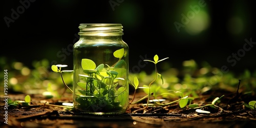 Green plant sprouts growing inside a glass jar in a natural, sunlit environment