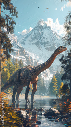 A large dinosaur is walking through a forest near a mountain. The scene is peaceful and serene  with the dinosaur being the only living creature in the area