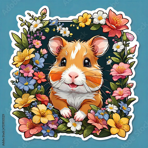 Close-Up Hamster Portrait with Floral Sticker on Dark Background Gen AI photo