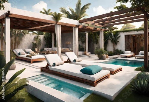 Stunning luxury backyard view of pool, chaise lounges, garden, pergola with hot tub. Modern and sleek, it has an effortless boho inspired, resort like feel. Inspired by Tulum, Mexico's eco-chic feel.