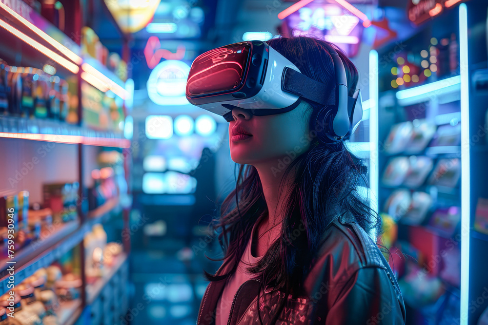 A woman wearing a virtual reality headset is looking at a display of food. The scene is set in a brightly lit store with neon signs and a variety of food items on display