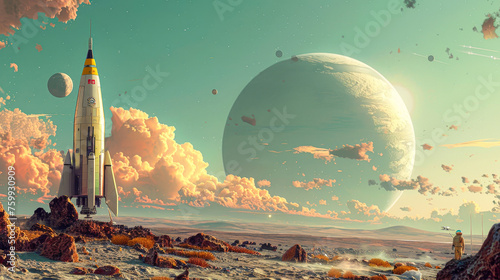A space scene with a rocket and a large planet in the background. The rocket is on a rocky surface and the planet is in the distance