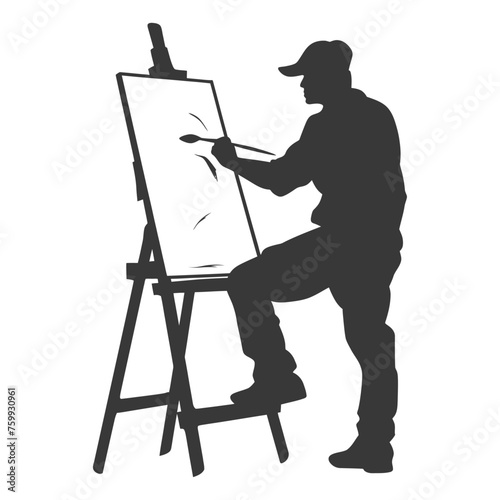 Silhouette artist painting in action on the canvas black color only