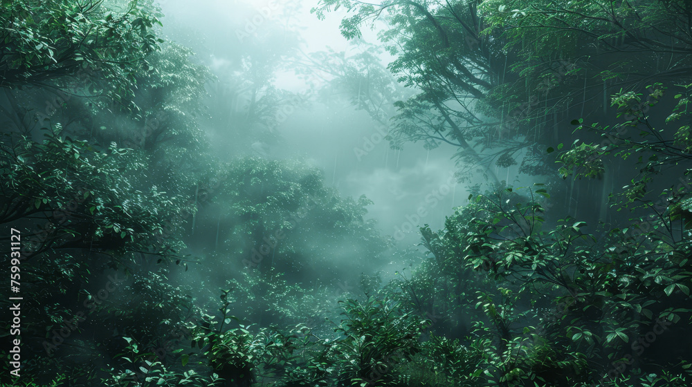 A forest with a lot of trees and a lot of rain. The trees are green and the sky is cloudy A forest with a lot of trees and a lot of rain. The trees are green and the sky is cloudy