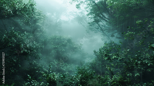 A forest with a lot of trees and a lot of rain. The trees are green and the sky is cloudy