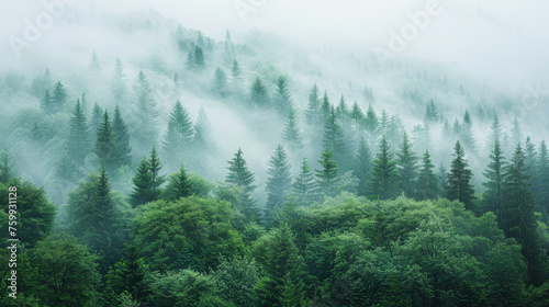 A forest with a thick canopy of trees, and the sky is overcast. The trees are lush and green, and the misty atmosphere gives the scene a serene and peaceful mood © Kowit