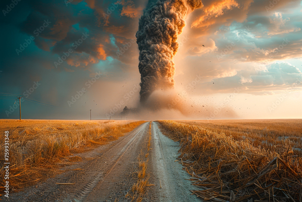 A large cloud of smoke is rising from a volcano. The sky is filled with dark clouds and the sun is setting. The scene is dramatic and intense, with the volcano spewing ash and smoke into the air - obrazy, fototapety, plakaty 