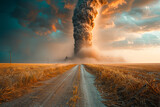 A large cloud of smoke is rising from a volcano. The sky is filled with dark clouds and the sun is setting. The scene is dramatic and intense, with the volcano spewing ash and smoke into the air