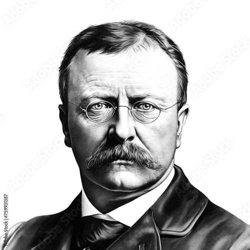 Black and white vintage engraving, close-up headshot portrait of Theodore (Teddy) Roosevelt Jr., the famous historical 26th president of the United States, white background, greyscale, wearing glasses photo