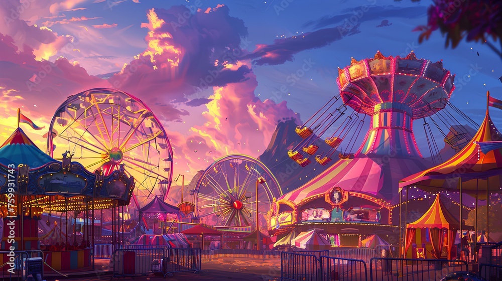 Cityscape with Alien-Themed Ferris Wheel at Night in Amusement Park - obrazy, fototapety, plakaty 