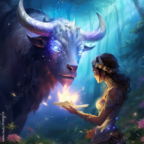 Enchanted bull and fairy on a fantasy card, overhead view, mystical glow, vivid storytelling © Pawankorn