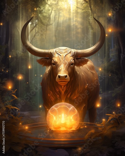 Fantasy bull with fairy, card design, high angle, ethereal ambiance, detailed magical setting © Pawankorn